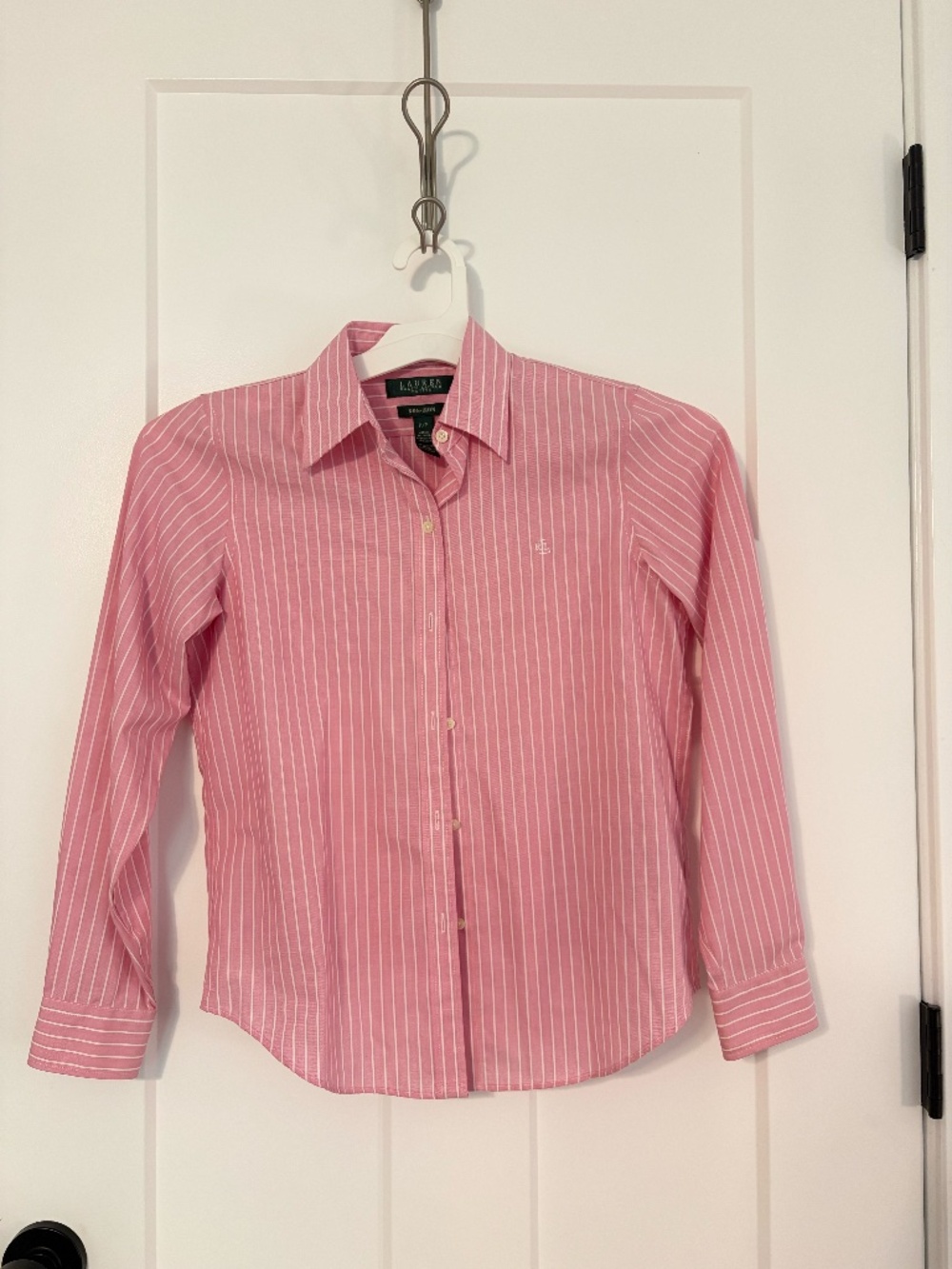 LRL Ralph Lauren Women Pink White Striped Non-Iron 100% Cotton Button Shirt P/P